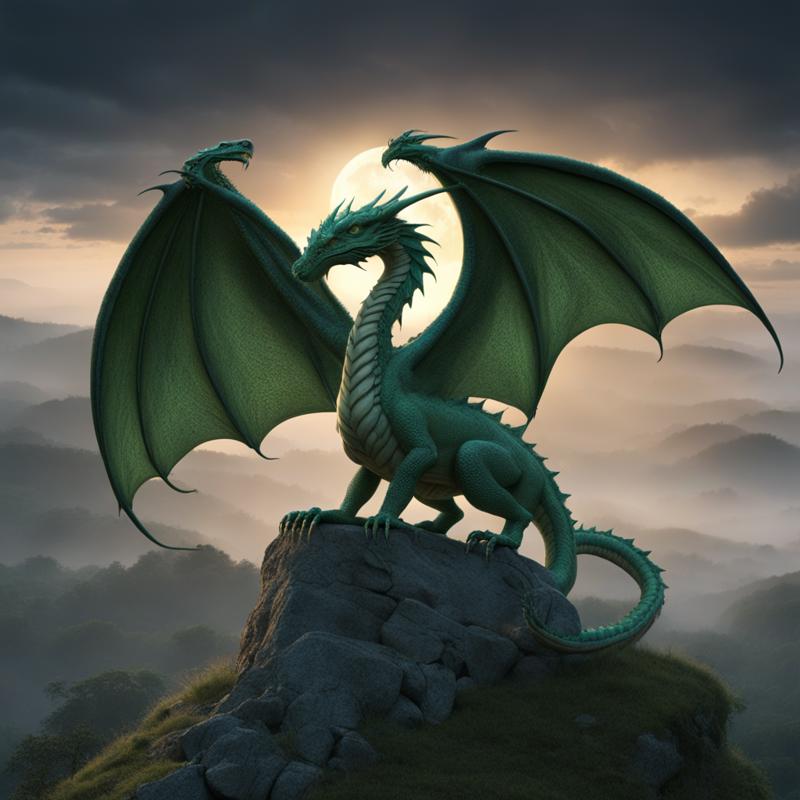 25206-382068611-professional 3d model a green dragon with celtic knot patterns_1.4 on her wings on a misty hillside at night crescent moon.png